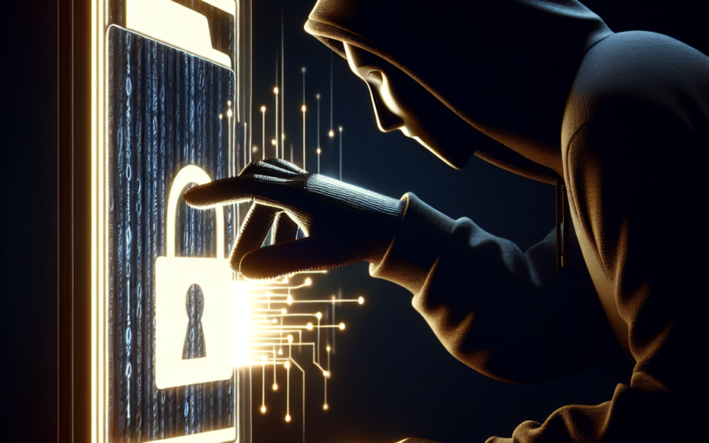 "Illustration of a hacker using malware to steal sensitive information from a computer, depicting a digital landscape filled with binary code and security icons to emphasize cybersecurity threats."