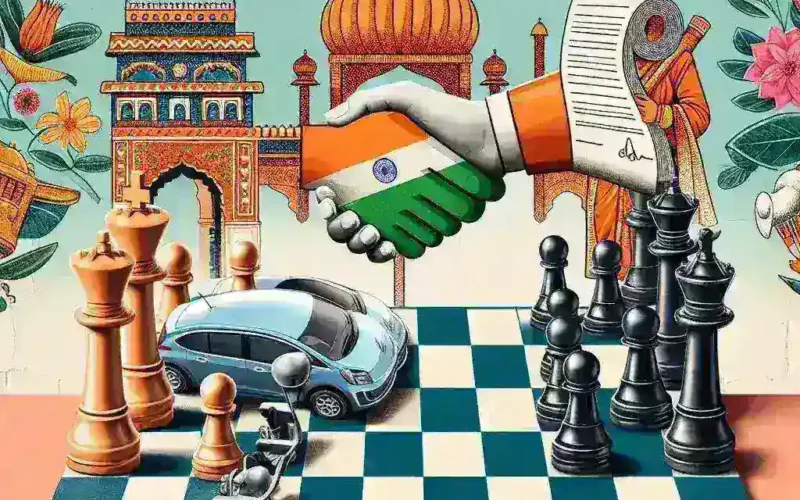 "Close-up of an electric vehicle charging station in India, symbolizing the country's recent tariff cuts on electric vehicles and their implications for US trade agreements."