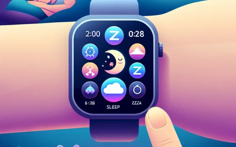 "Apple Watch displaying the NightWare app interface designed for PTSD sleep therapy with calming visuals in a dimly lit bedroom setting."