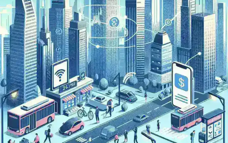 "Illustration of digital currency transactions on a smartphone amid a bustling urban landscape, highlighting the shift from physical cash to digital payment methods in major cities."